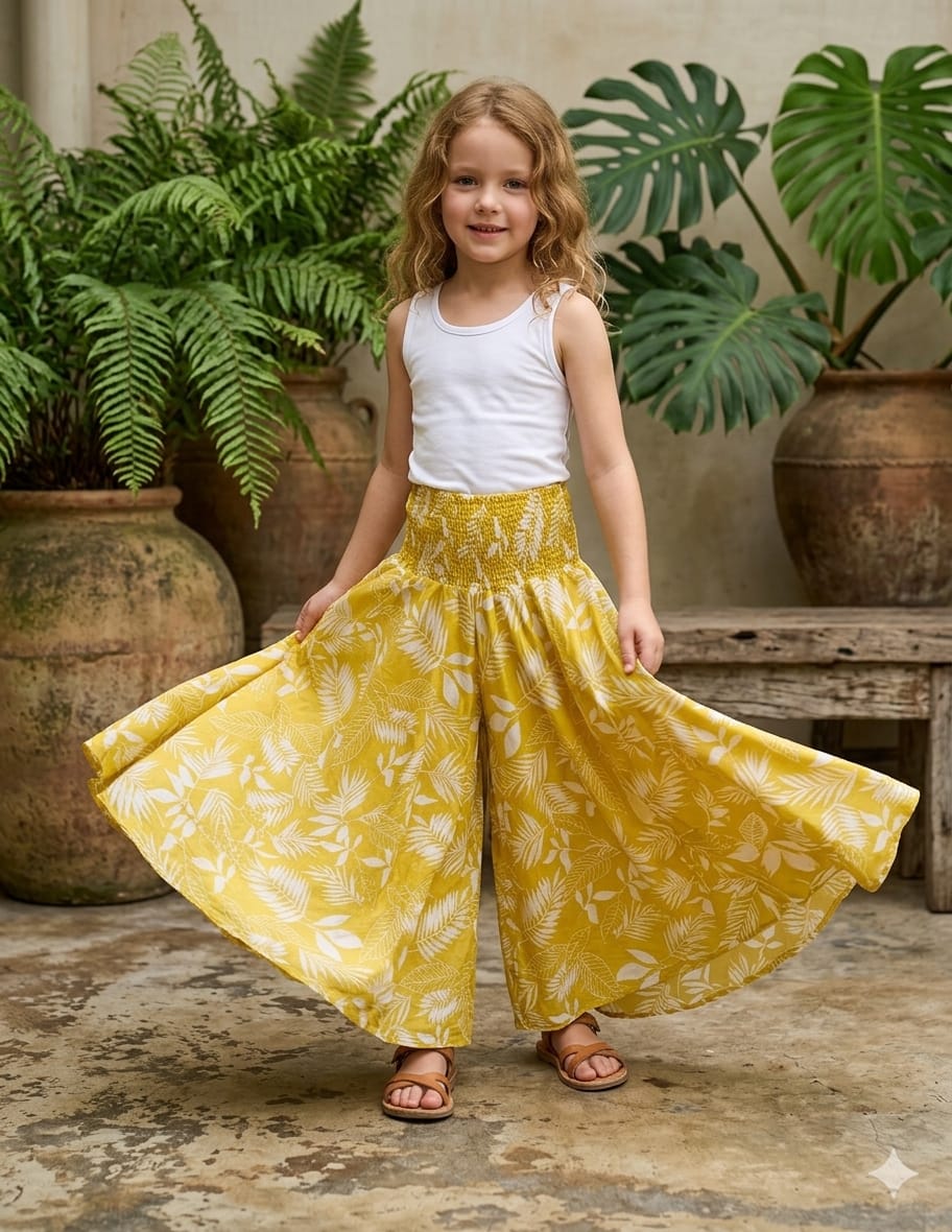 Baby Girl Yellow Leaf Printed Chanderi Flared Palazzo Pants with Smocked Waist
