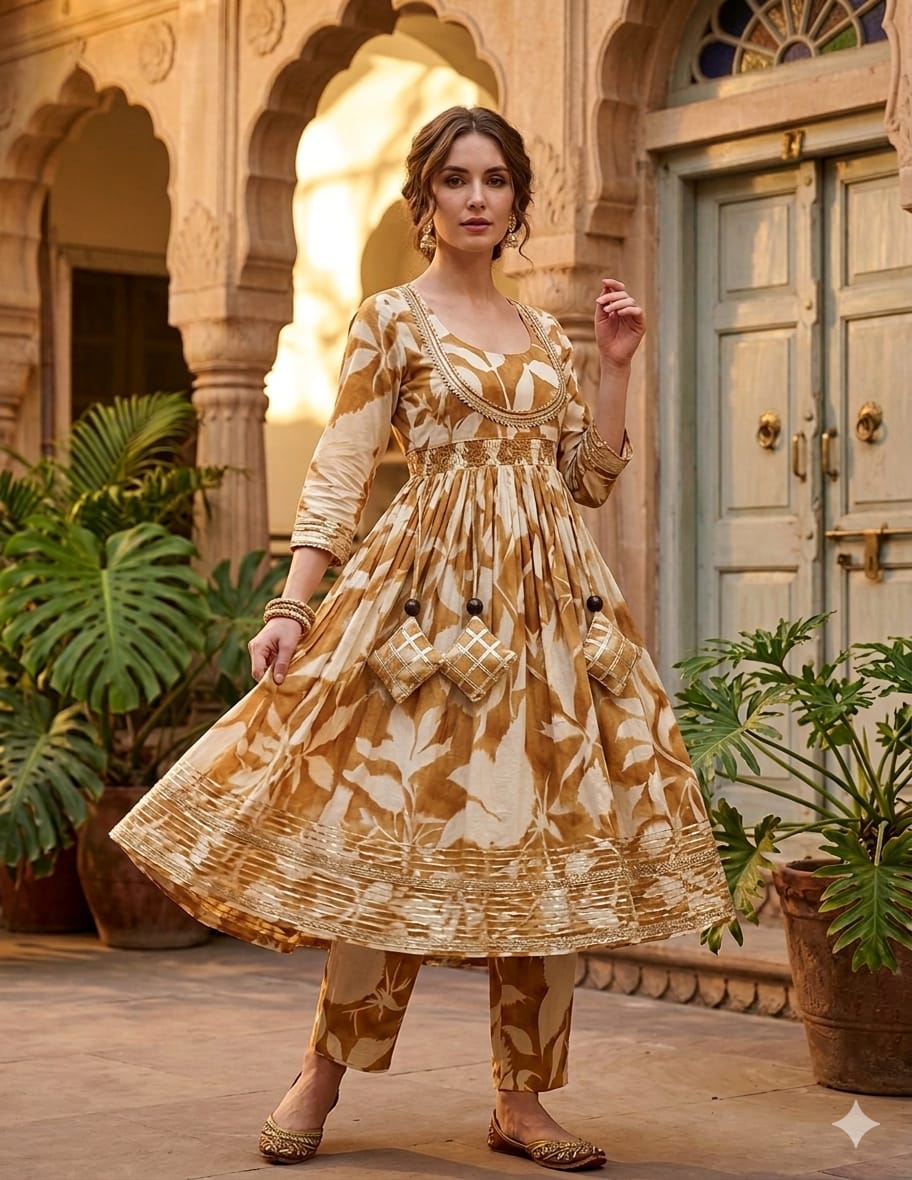 Women’s Yellow Leaf Print Cotton Anarkali Kurta Set