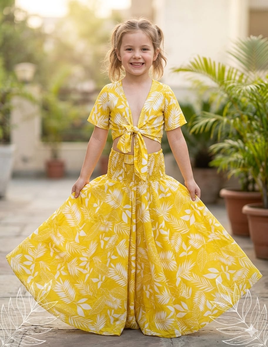Baby Girls Yellow Leaf Printed Chanderi Tie-Front Crop Top & Flared Palazzo Pant Co-ord Set