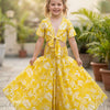 Baby Girls Yellow Leaf Printed Chanderi Tie-Front Crop Top & Flared Palazzo Pant Co-ord Set