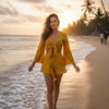 Women’s Yellow Leheriya Printed Cotton Beach Wear Set with Tie-Up Top & Shorts