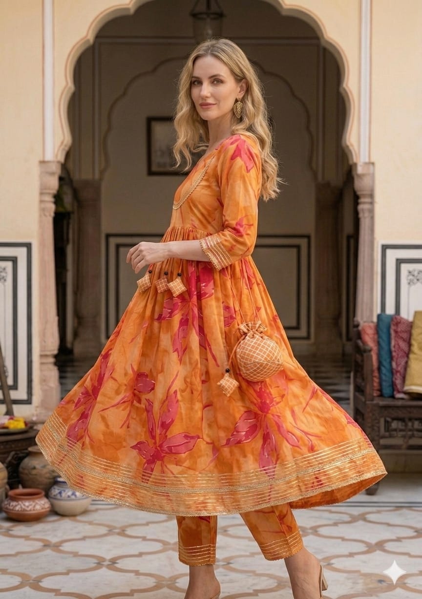 Women’s Yellow Abstract Print Cotton Anarkali Kurta Set