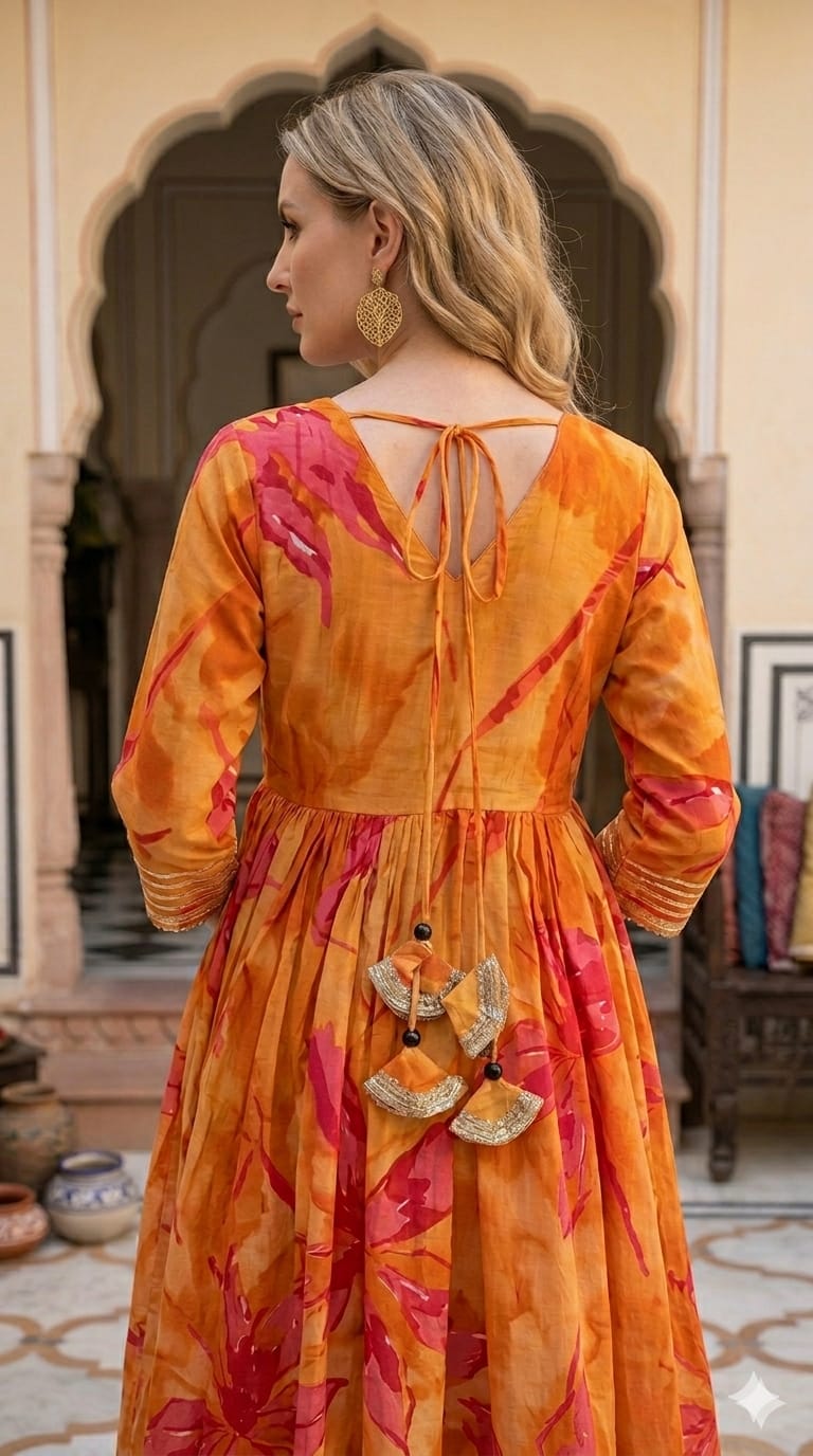 Women’s Yellow Abstract Print Cotton Anarkali Kurta Set