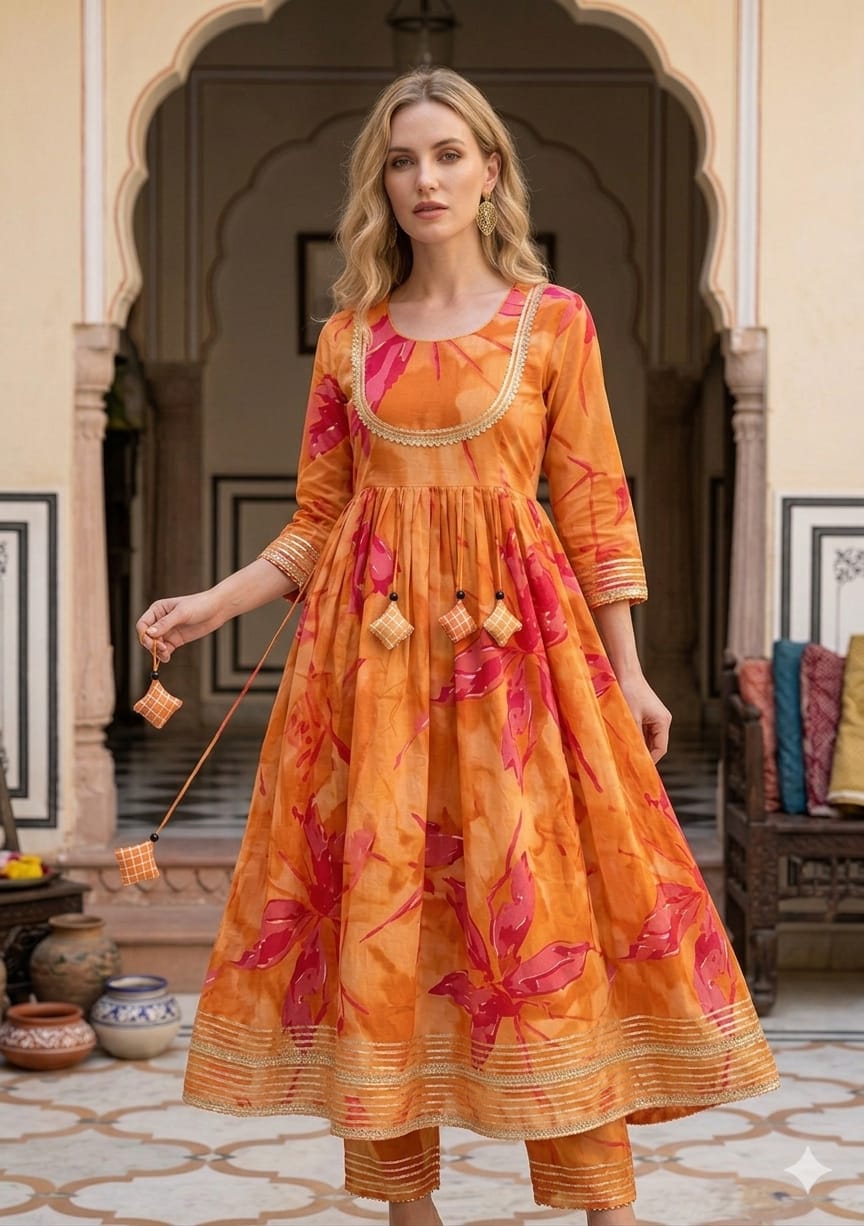 Women’s Yellow Abstract Print Cotton Anarkali Kurta Set