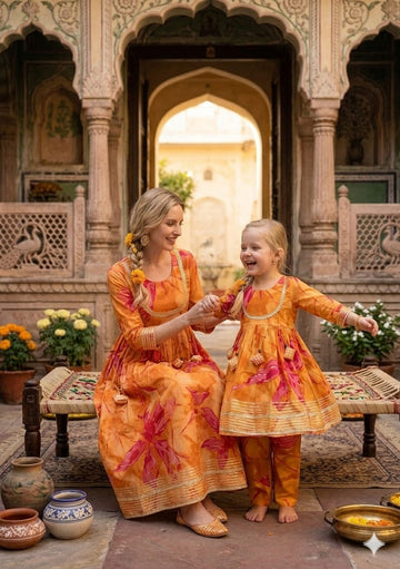 Mom & Daughter Yellow Abstract Print Cotton Anarkali Kurta Set