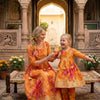 Mom & Daughter Yellow Abstract Print Cotton Anarkali Kurta Set