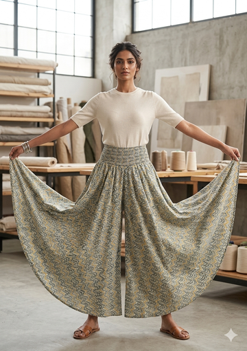 Women's Sage Green Zigzag Print High-Waist Smocked Palazzo Pants