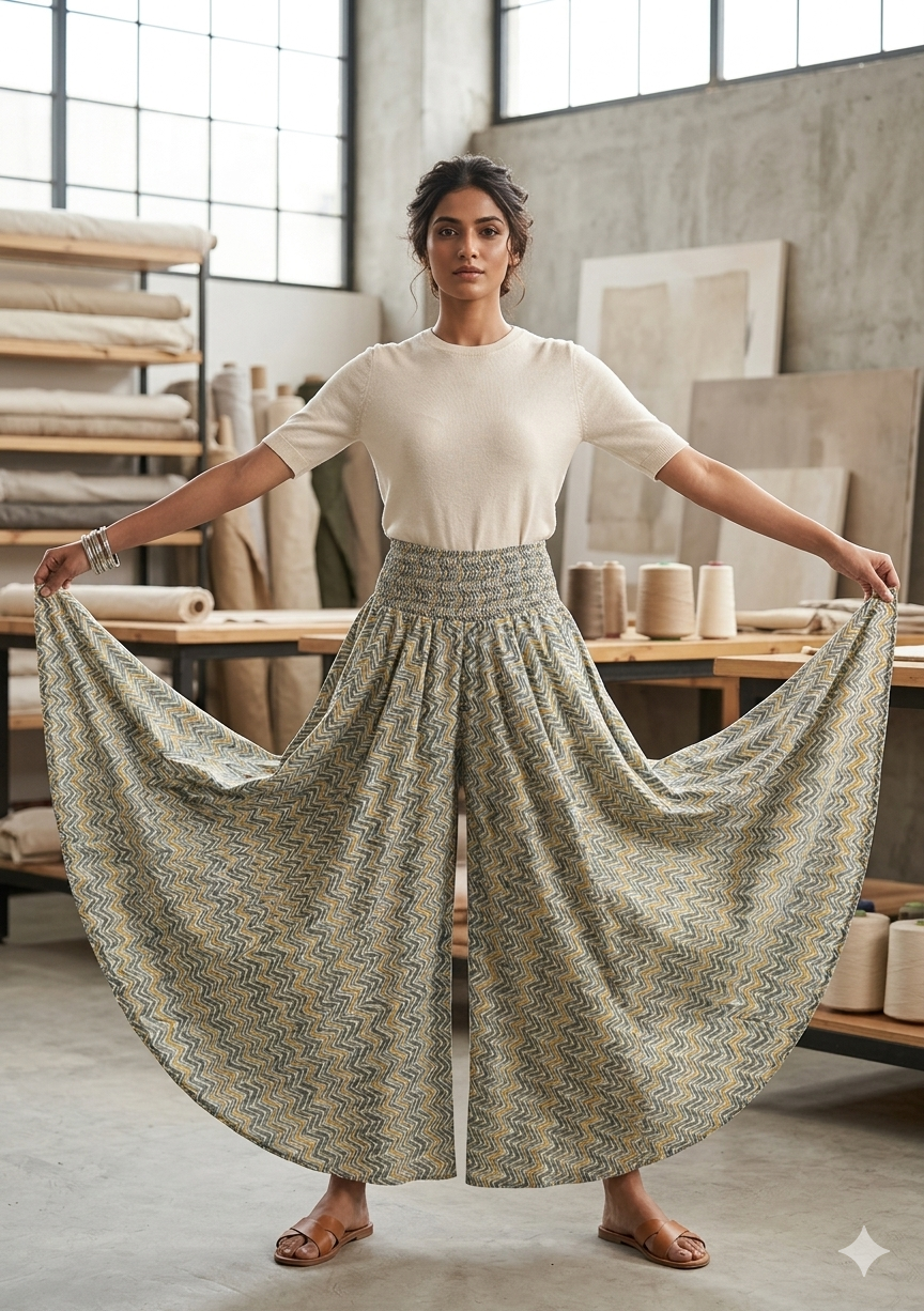 Women's Sage Green Zigzag Print High-Waist Smocked Palazzo Pants