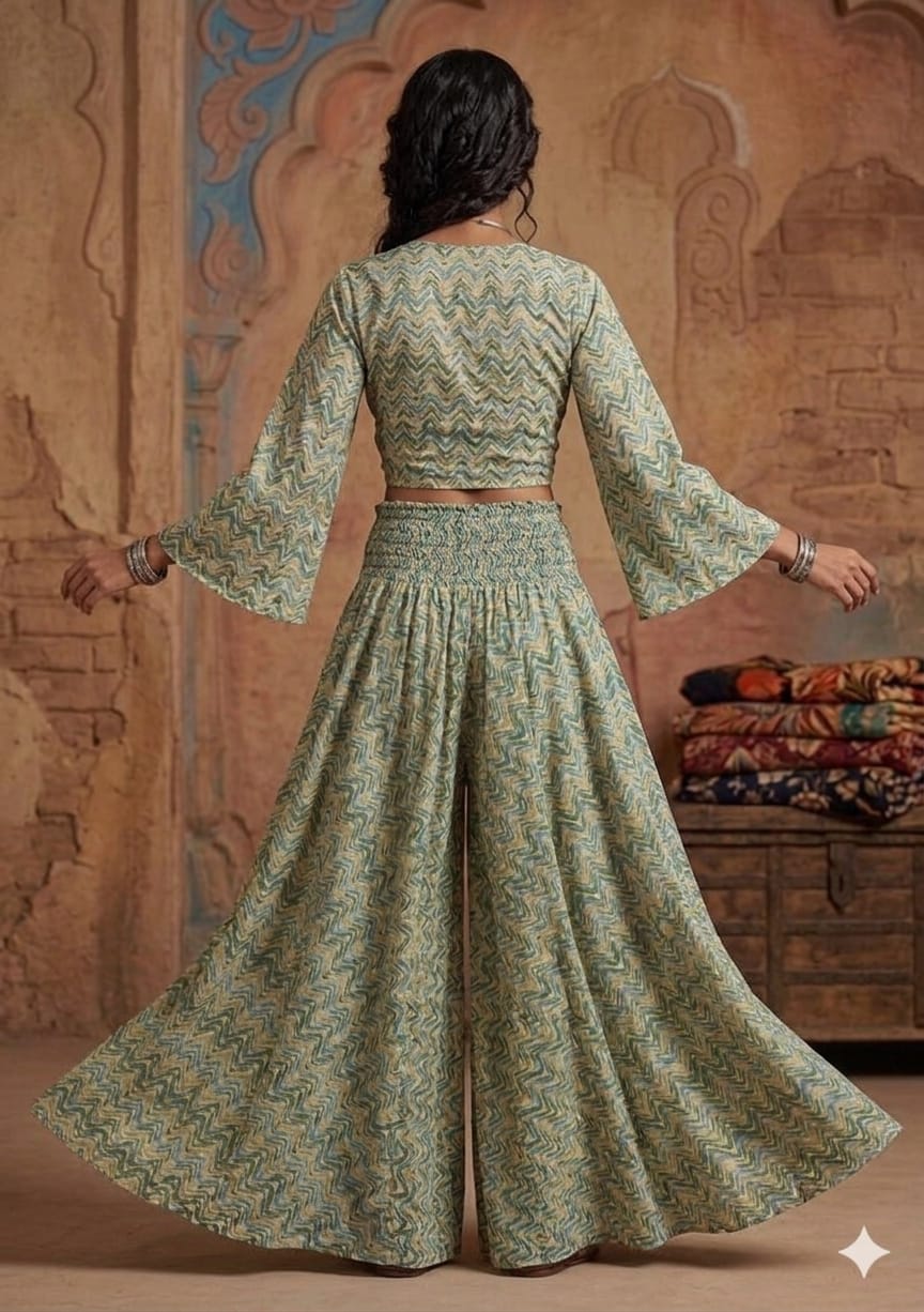 Sage Green Zigzag Print Co-Ord Set with Tie-Up Crop Top & Flared Palazzo