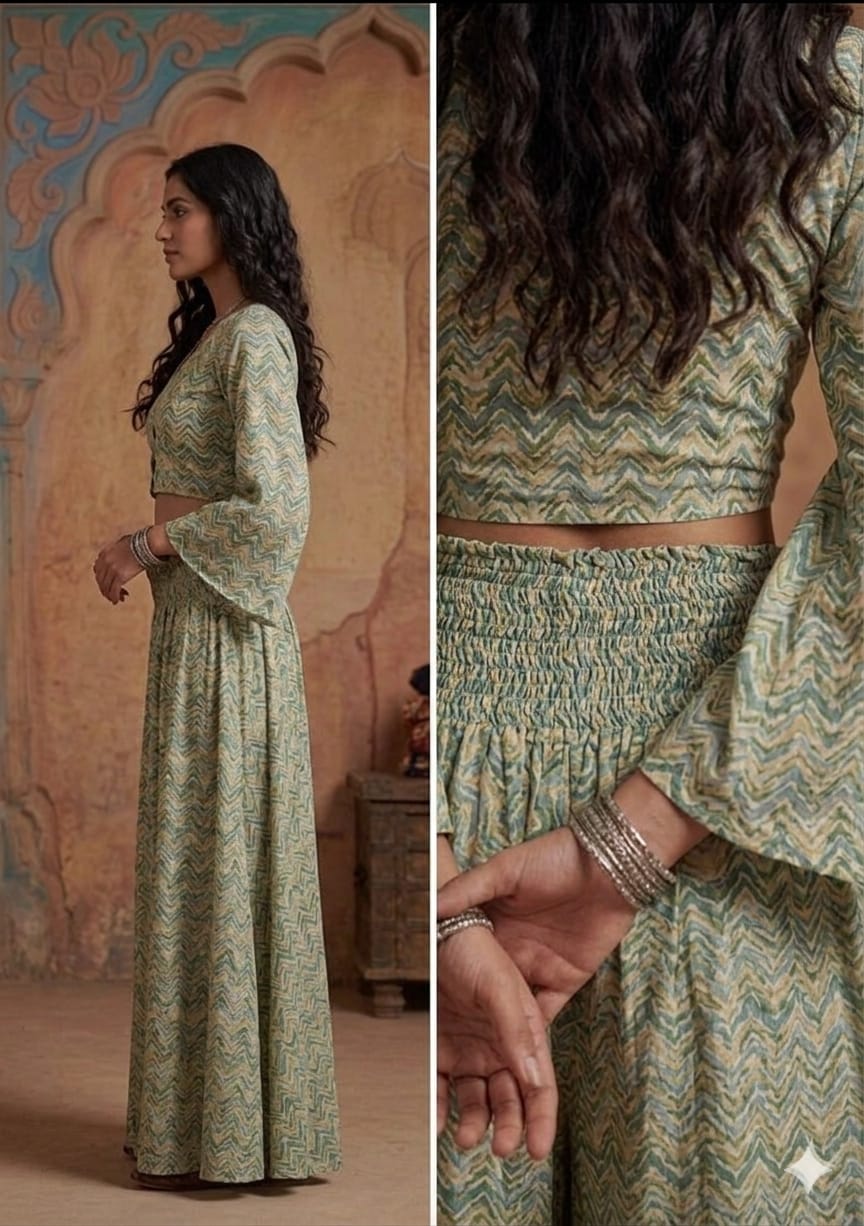 Sage Green Zigzag Print Co-Ord Set with Tie-Up Crop Top & Flared Palazzo