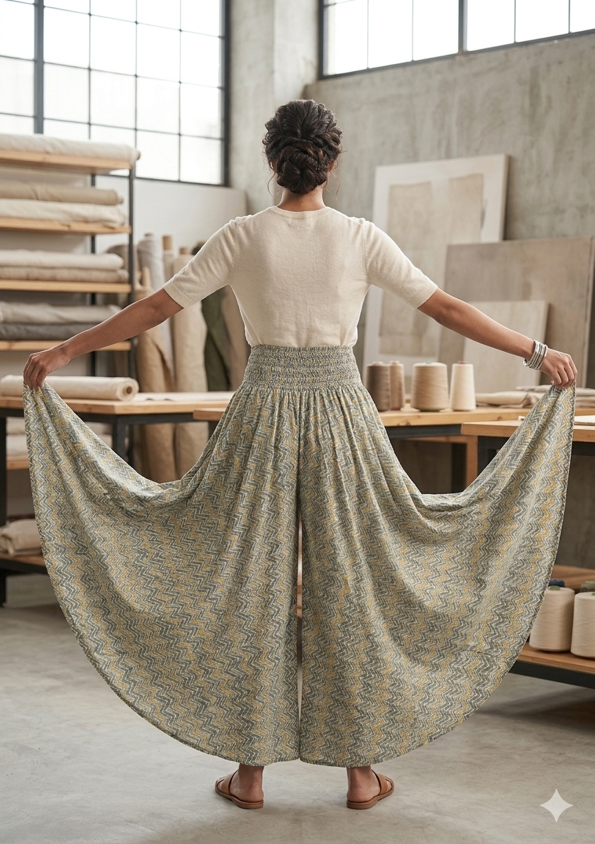 Women's Sage Green Zigzag Print High-Waist Smocked Palazzo Pants