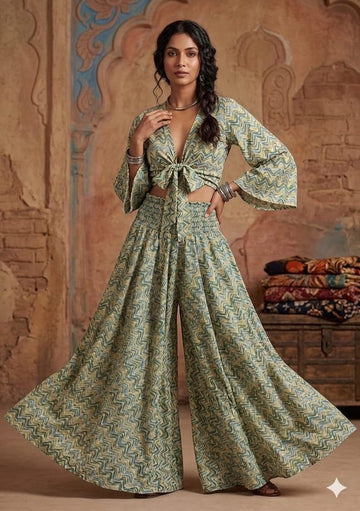 Sage Green Zigzag Print Co-Ord Set with Tie-Up Crop Top & Flared Palazzo