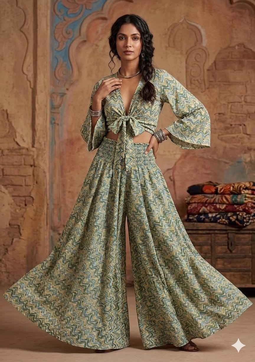Sage Green Zigzag Print Co-Ord Set with Tie-Up Crop Top & Flared Palazzo