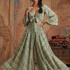 Sage Green Zigzag Print Co-Ord Set with Tie-Up Crop Top & Flared Palazzo